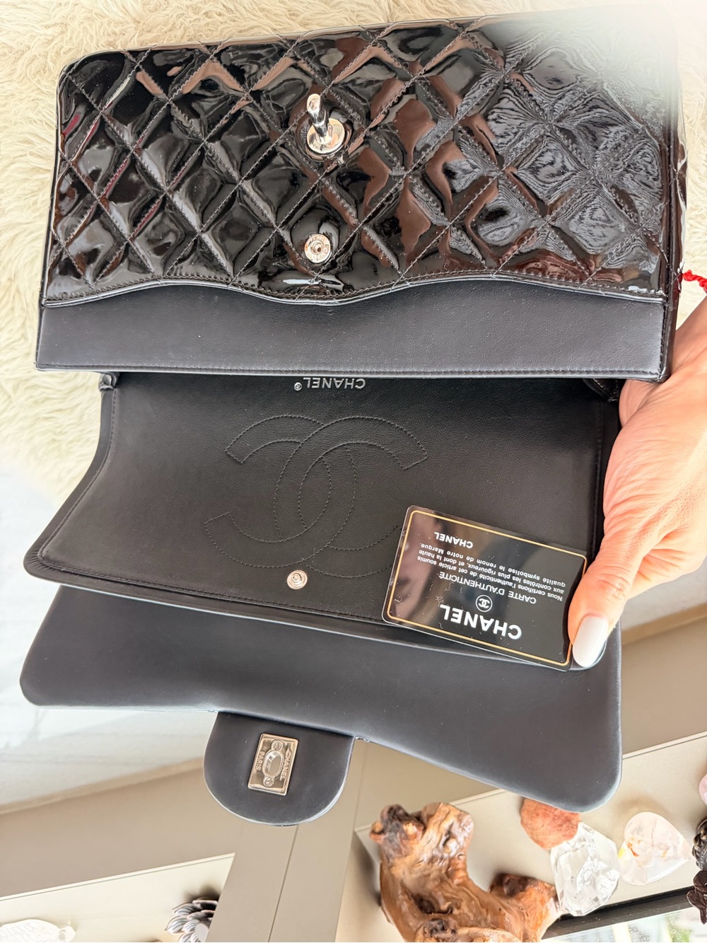 CHANEL Black Quilted Patent Leather Shoulder Bag with Silver Chain - Picture 4 of 13